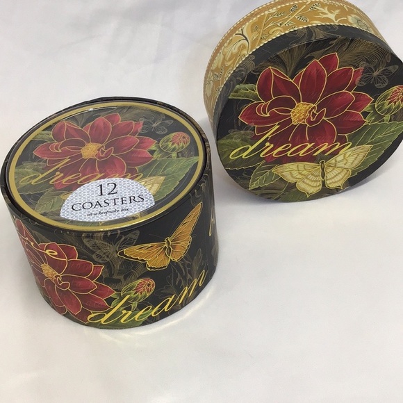 Vintage Punch Studio coasters box set Dream Believe Flower Butterfly gold 12pc - Picture 3 of 9